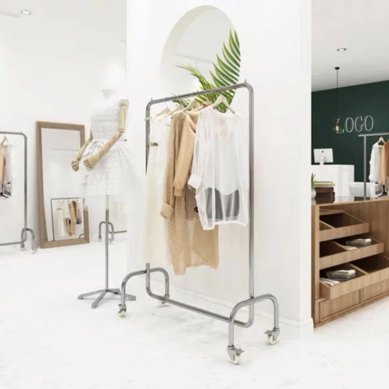 Stainless steel clothing rack, floor standing, wheeled women's clothing hanger, clothing store
