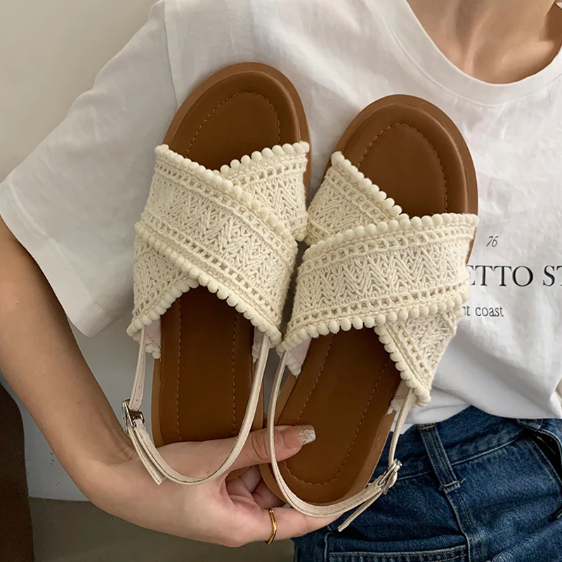 Retro Crochet Lace Slingback Sandals Woman Ethnic Fashion Cross Strap Sandalias Ladies Casual Flat Summer Shoes