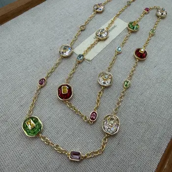 Women's Natural Crystal Powder Green Double-Sided Geometric Square Colorful Zircon Long Necklace, Earrings, and Bracelet Set 1