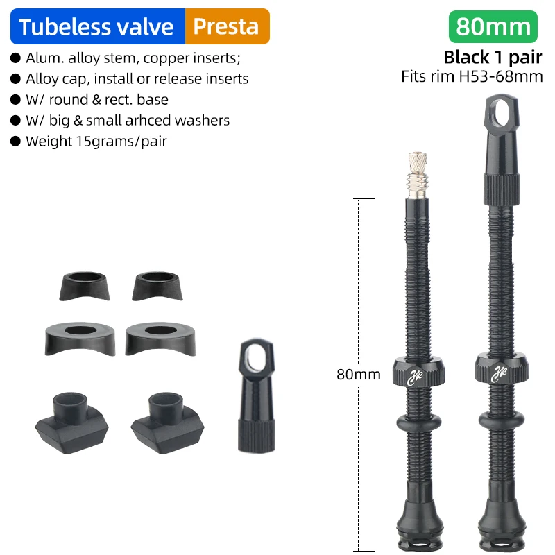Tubeless Tire Valve for Carbon Rims with Detachable Brass Core and Cap - Multiple Sizes Available