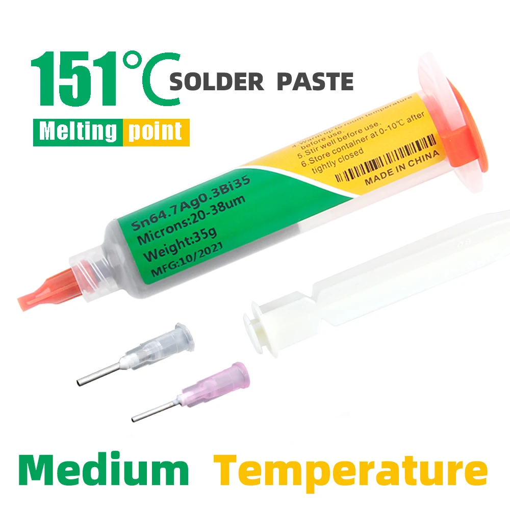 Lead-free Medium Temperature Silver Solder Paste Sn64.7Ag0.3Bi35 Mobile Phone Repair Melting Component weldingPoint 151℃