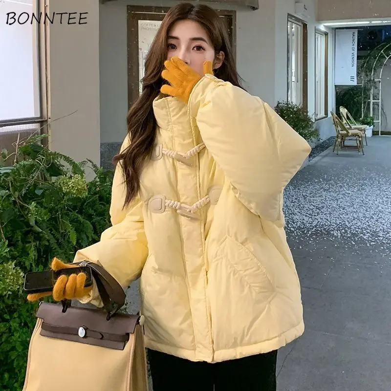 

Parkas Women Autumn Winter High Collar Horn Button Sweet Harajuku Puffer Jacket All-match Korean Style Leisure Simple Solid