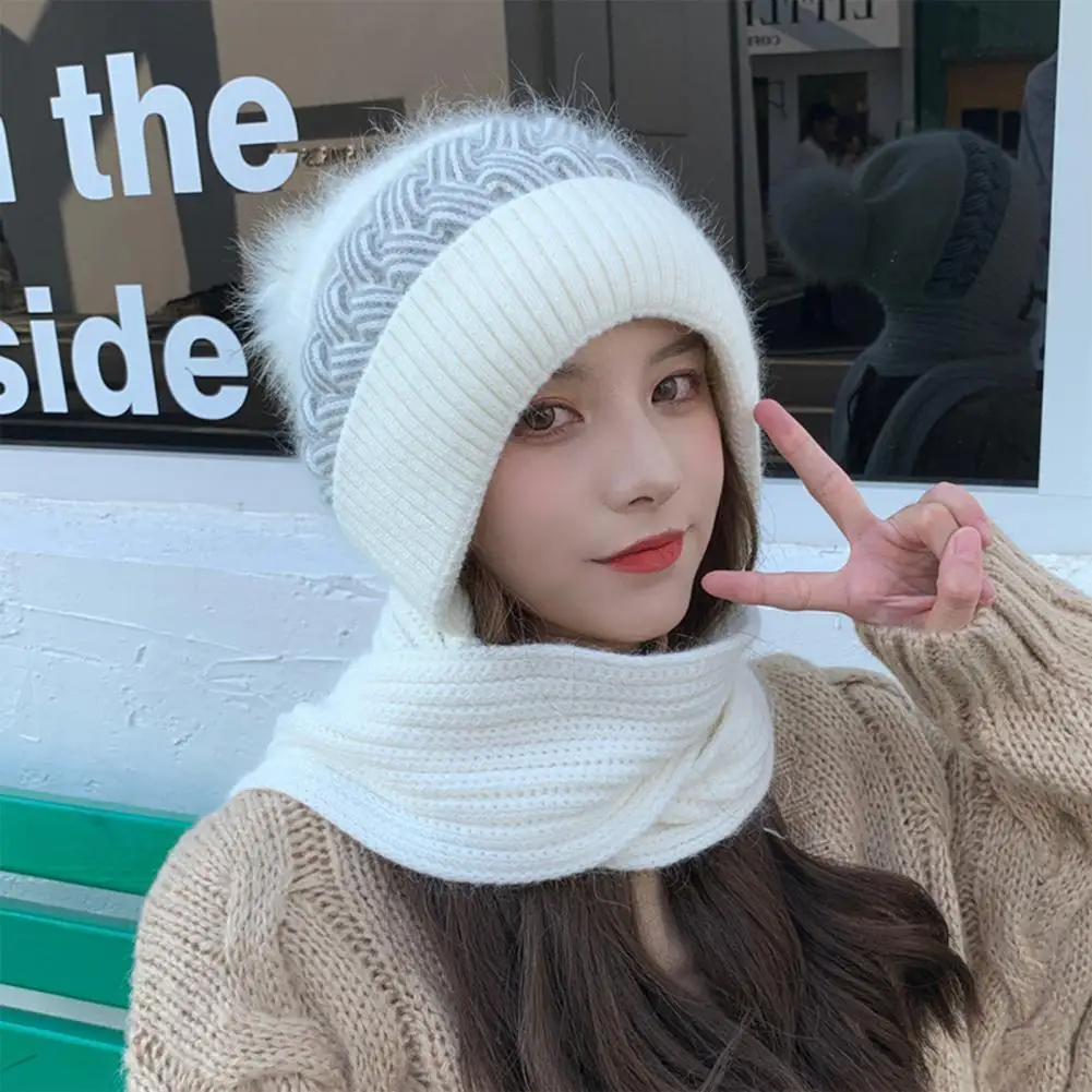 

Windproof Beanie Winter Hat for Women Knitted Windproof Warm with Plush Ball Decor Anti-slip Beanie Scarf Combo Stylish Ear