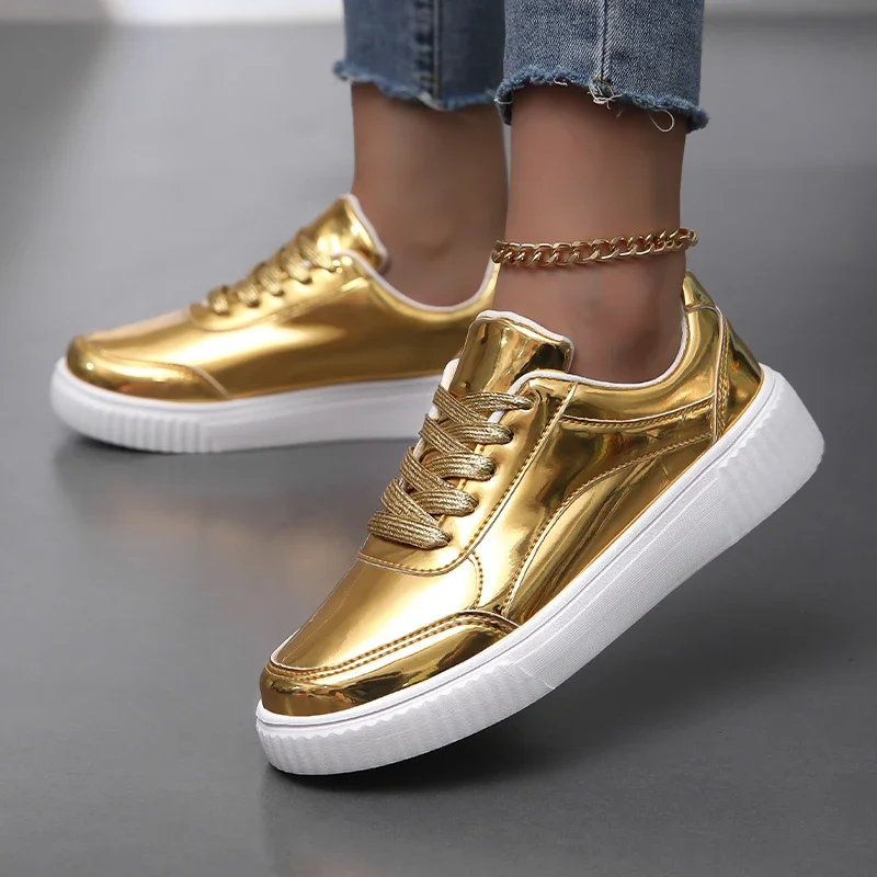 Women Over Size 36-44 Sport Shoes Gold Female Athletic Training Sneakers Flat Comfortable Girls Outdoor City Walking Shoes