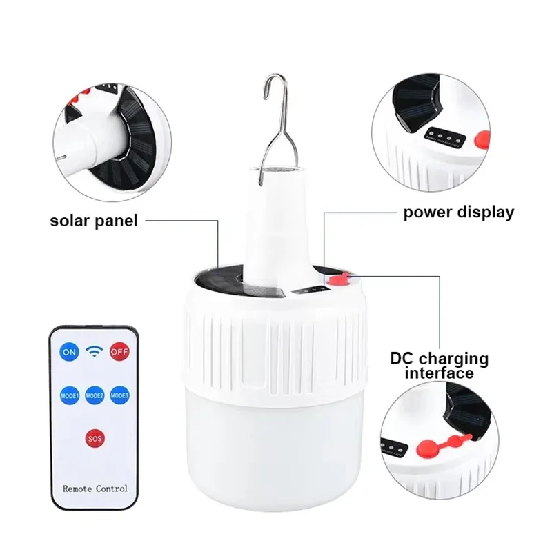 Solar Powered LED Camping Light Bulb with USB Rechargeable 200W High-power 5-speed Light Outdoor Hook Tent Energy-saving camping light portable lanterns camping lamp camping lantern
