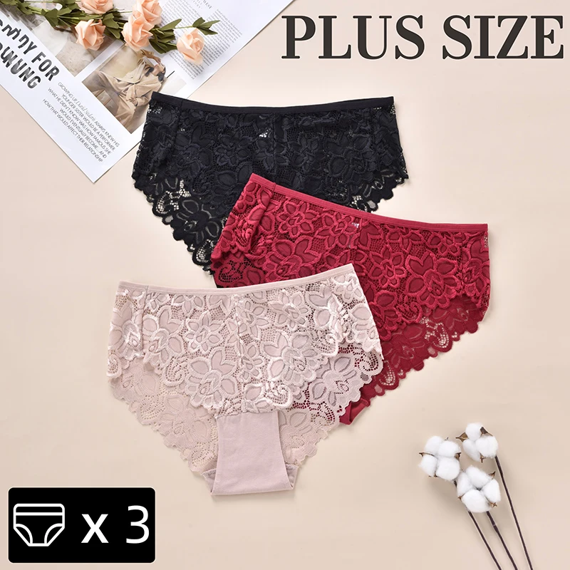 

CINVIK 3pcs Plus Size Women Lingeries 1-4XL Lace Briefs Panties High Waist Sexy Lingerie Stereoscopic Pattern Comfort Underwear