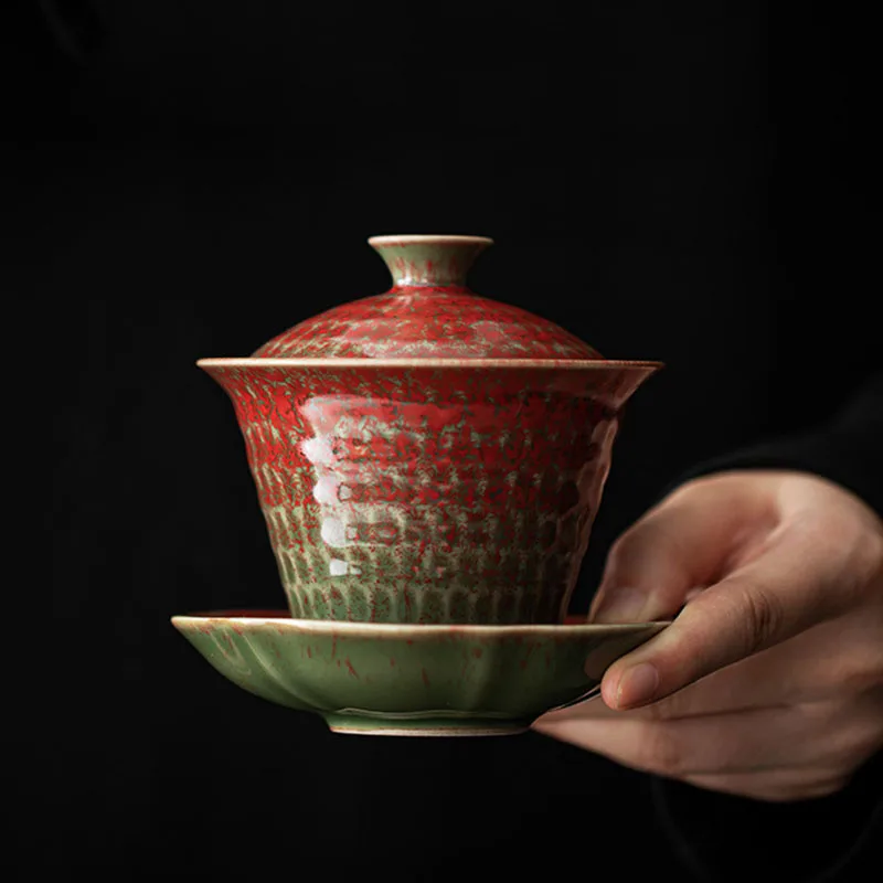 Ceramic Gaiwan Single Cup Household Kung Fu Tea Set Non-Scald Brewing Bowl Tea Making Device Meeting Guests Red Kiln Glaze