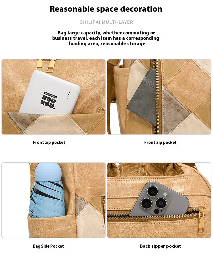 Women's Retro Backpack Pu Leather Diamond Grid Travel Rucksack_voghion.com