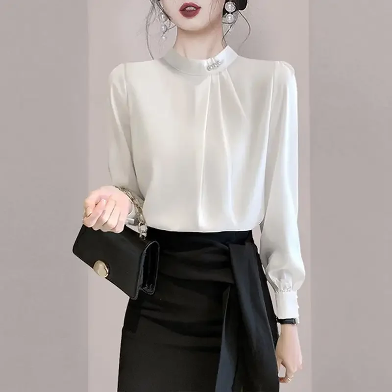 

Occupation Advanced Sense Temperament Pleated Slim Blouse Women Classic Long Sleeve Autumn O-collar Chiffon Pullover Shirt Z287