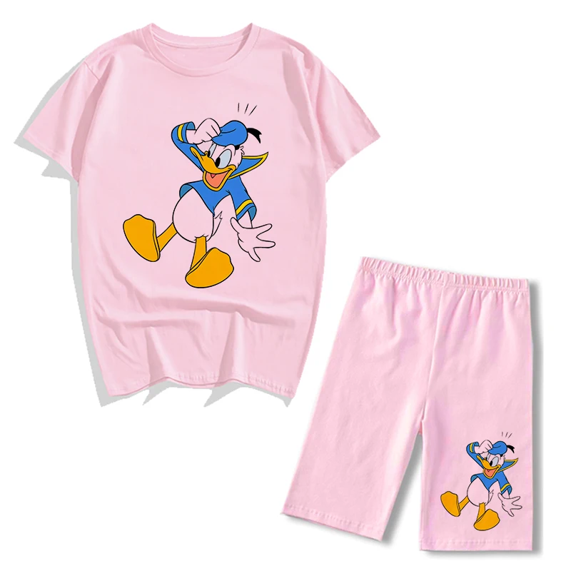 Disney Donald Duck Cartoon Print Fashion Women Two Piece Set Short Sleeve T-shirt+sports Shorts Summer Casual Tracksuits Clothes plus size jogger set