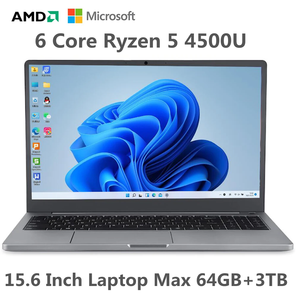 

15.6inch AMD Metal Laptop MAX RAM 64GB 3TB SSD Ultrabook Metal Computer 2.4G/5.0 Wifi Bluetooth AMD Ryzen 5 4650U Windows 10 11