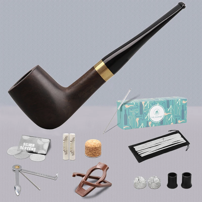 JIBILL Classic Straight Handle Billiard Pipe Sandalwood Tobacco Pipe Set Metal Decorative Ring 9mm Channel with Clean Set