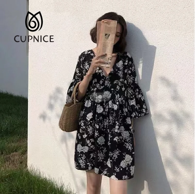 CUPNICE Summer Black Vintage Floral Chiffon Midi Dress M-2XL Boho Dresses Elegant Women Party Long Sleeve Vestidos | Женская одежда