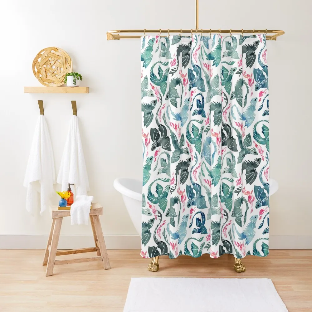 Dragon fire blue, green & grey Shower Curtain Luxury Bathroom Shower Anime Shower Bathroom And Curtain