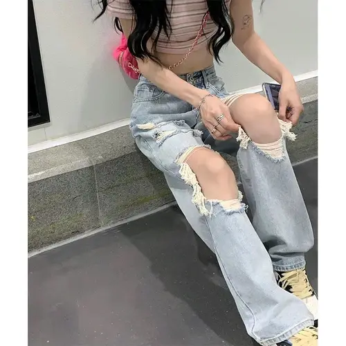 Large Washed 2022 Tattered Jeans Women's Spring and Summer Hot Girls High Waist Straight Tube Loose Beggar Wide Leg Pants 2