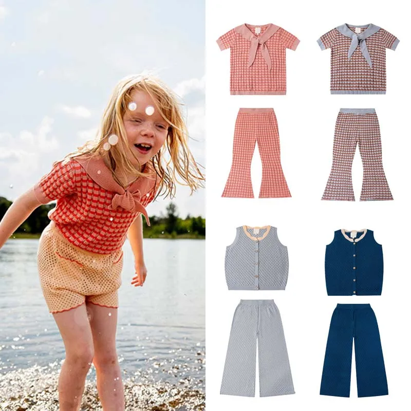 

Pre-sale (Ship in April) 2024 KP Summer Baby Girls Clothes Knitted Vest Hollowed Out Flared Pants Suit Kids Clothes Boys Shirt