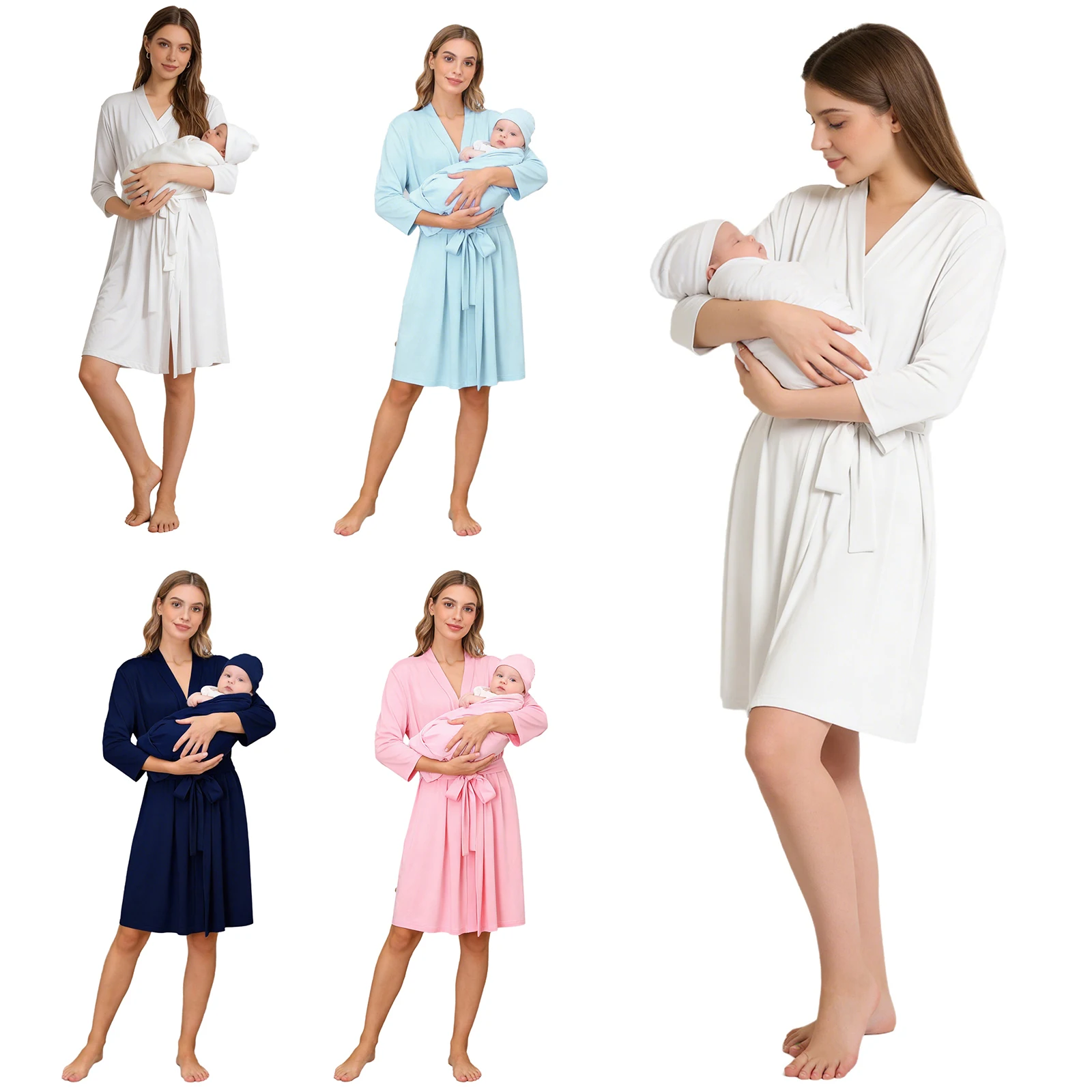 여성 임산부 3피스 병원복 출산 후 편안한 가운과 벨트,  속싸개,  모자, 단색 세트