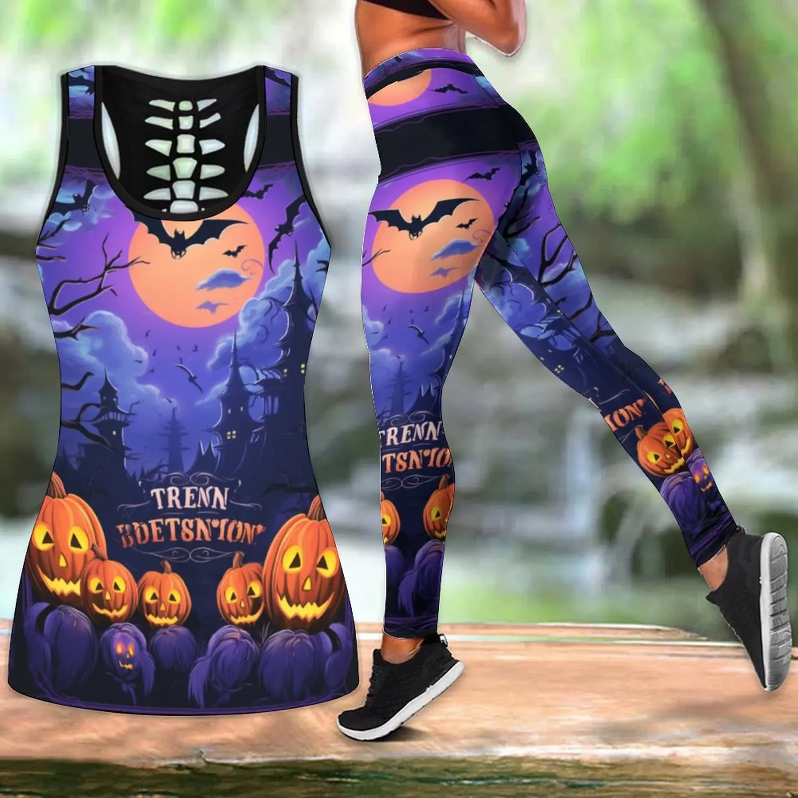 

Women's Summer Fashion Halloween Happy Print Sport Yoga Suit