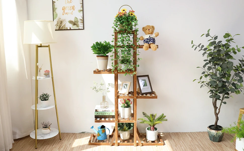 6 Tiers Wood Flower Planter Pot Stand Display Rack Indoor Outdoor Garden Holder