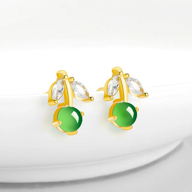 

Natural A-grade Jade Cherry Sun Green Ice Jadeite Earrings S925 Silver Inlaid Fashion Stud for Women's Gifts Ornaments Jewelry
