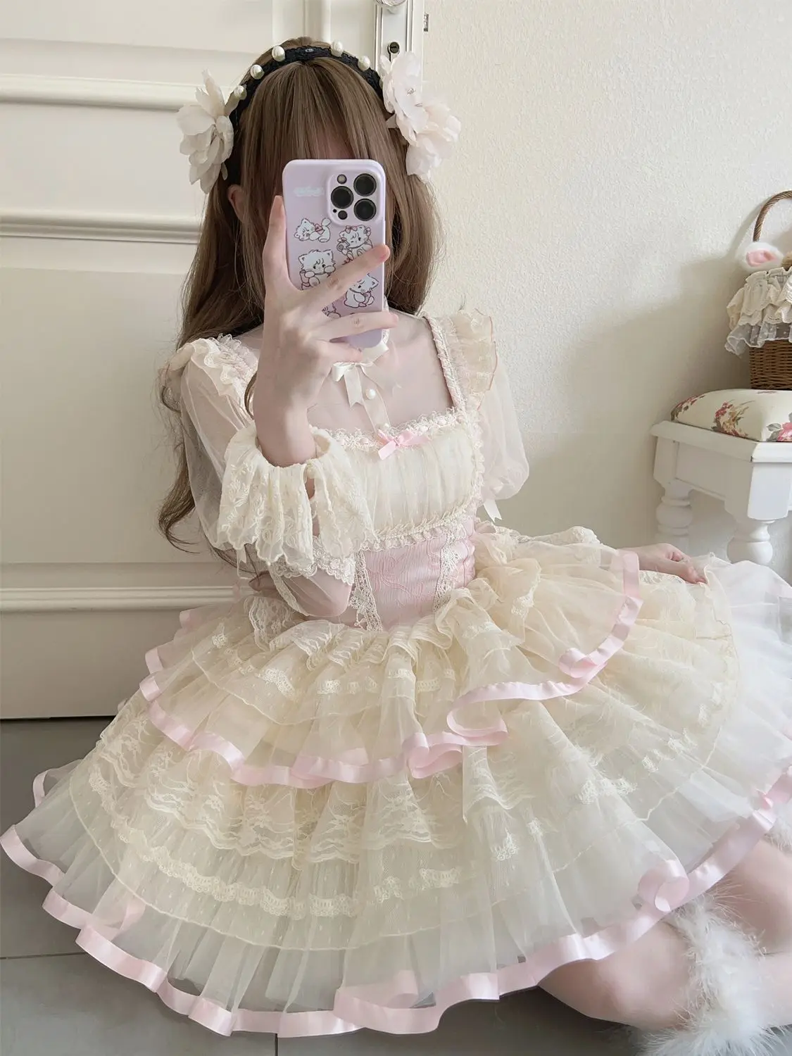 Japanese Sweet Lolita Jsk Dress Women Elegant Ruffles Lace Vintage Princess Strap Dresses Girls Y2k Kawaii Tea Party Mini Dress
