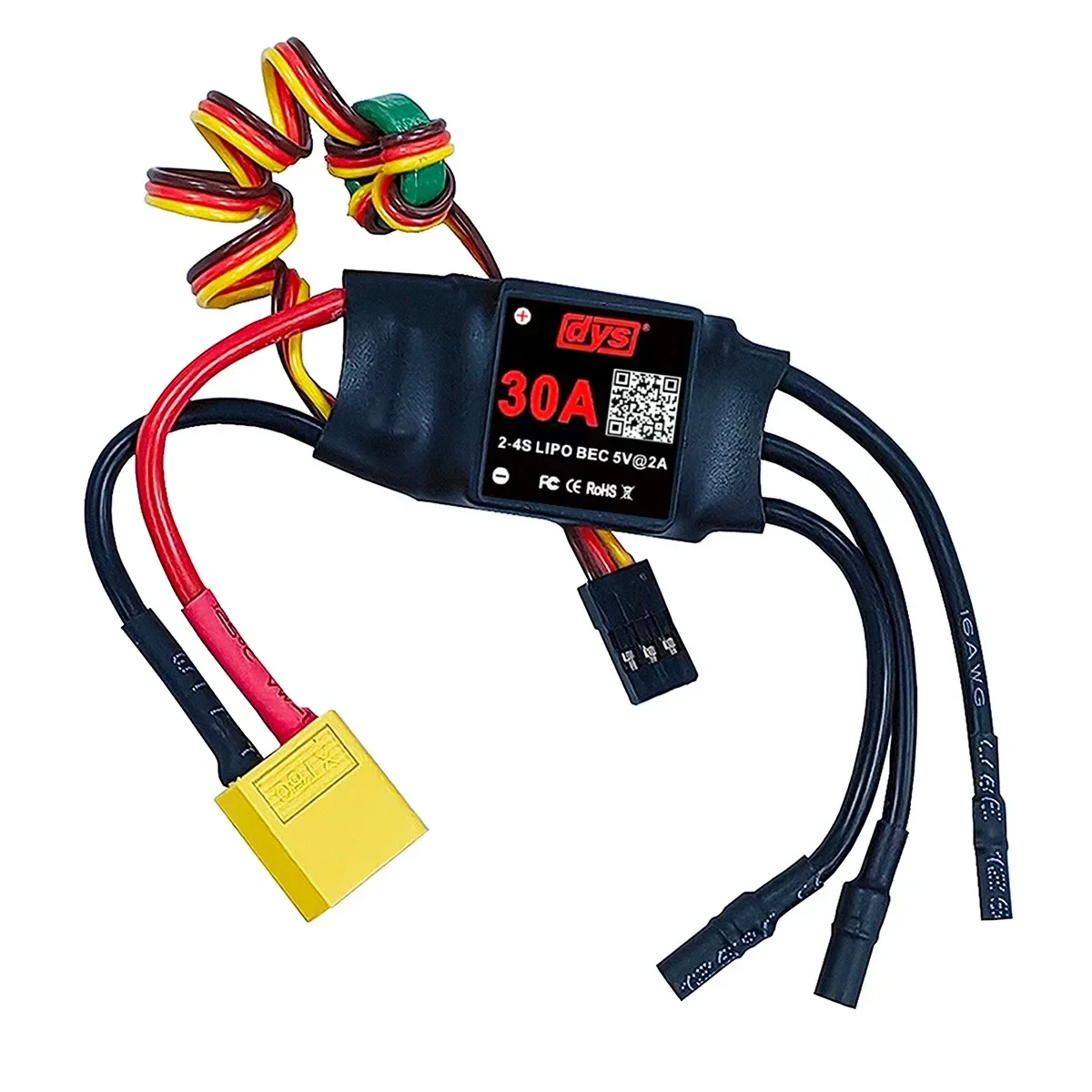Contrôleur ESC Brushless 20A 2-4S installé sur un châssis de quadcopter, prêt à l'emploi.