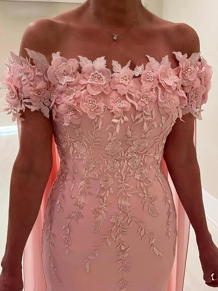 With Cape Wedding Guest Dress Off The Shoulder Appliqued Chiffon Mother of the Bride Dress Wedding Guest Formal Occasion