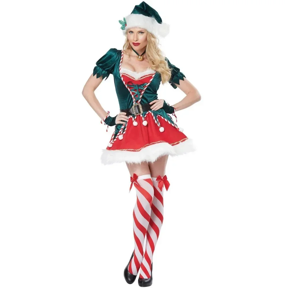 

Adult Christmas Santa Claus Costume Green Xmas Elf Cosplay Women's Carnival Party Cosplay Fancy Dress