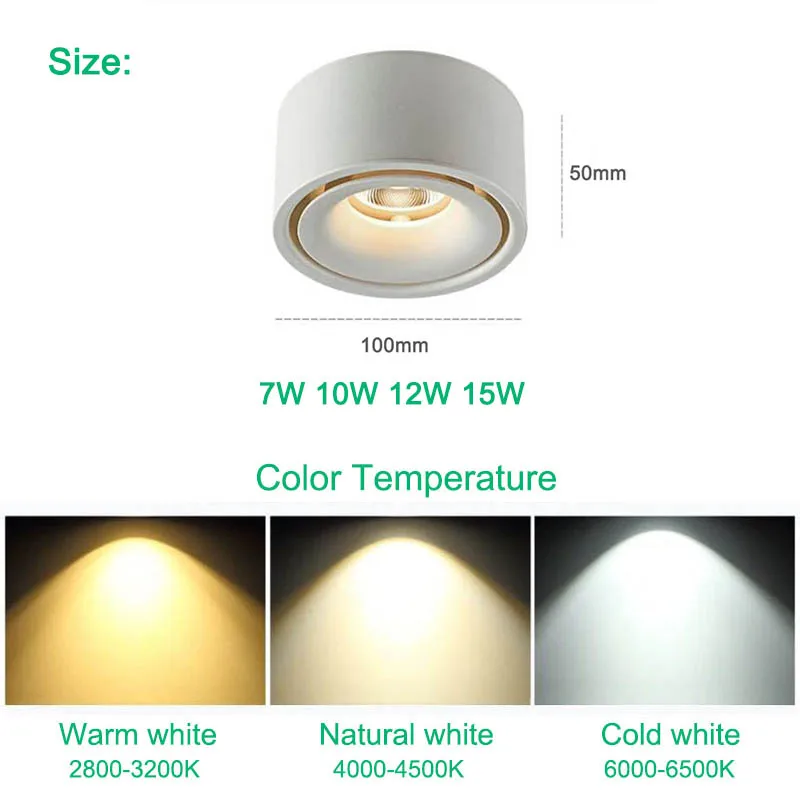 Dimmable LED 표면 장착 Downlight COB 스포트라이트 천장 조명 7W 10W 12W 15W 표면 장착 Downlight 110V 220V