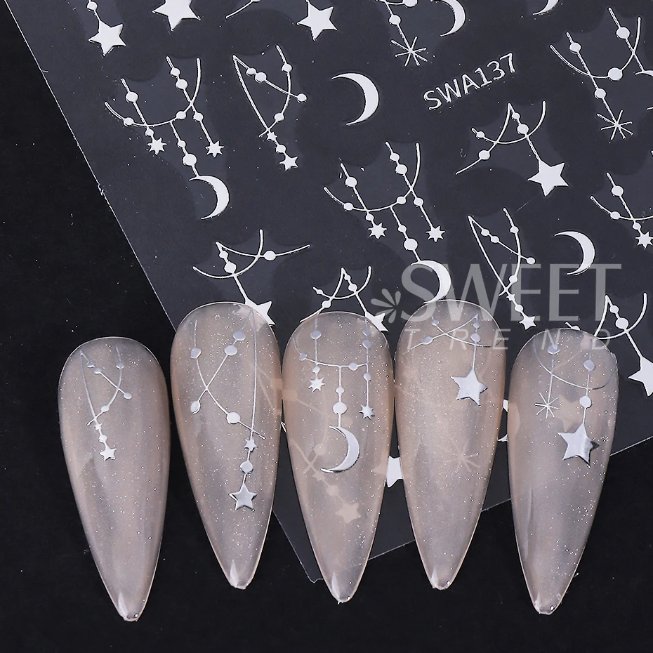 2pcs Bohemian Style Nail Stickers Silver Black Star Moon Chain Stripe Self-adhesive Nail Decals DIY Manicure Slider Decoration