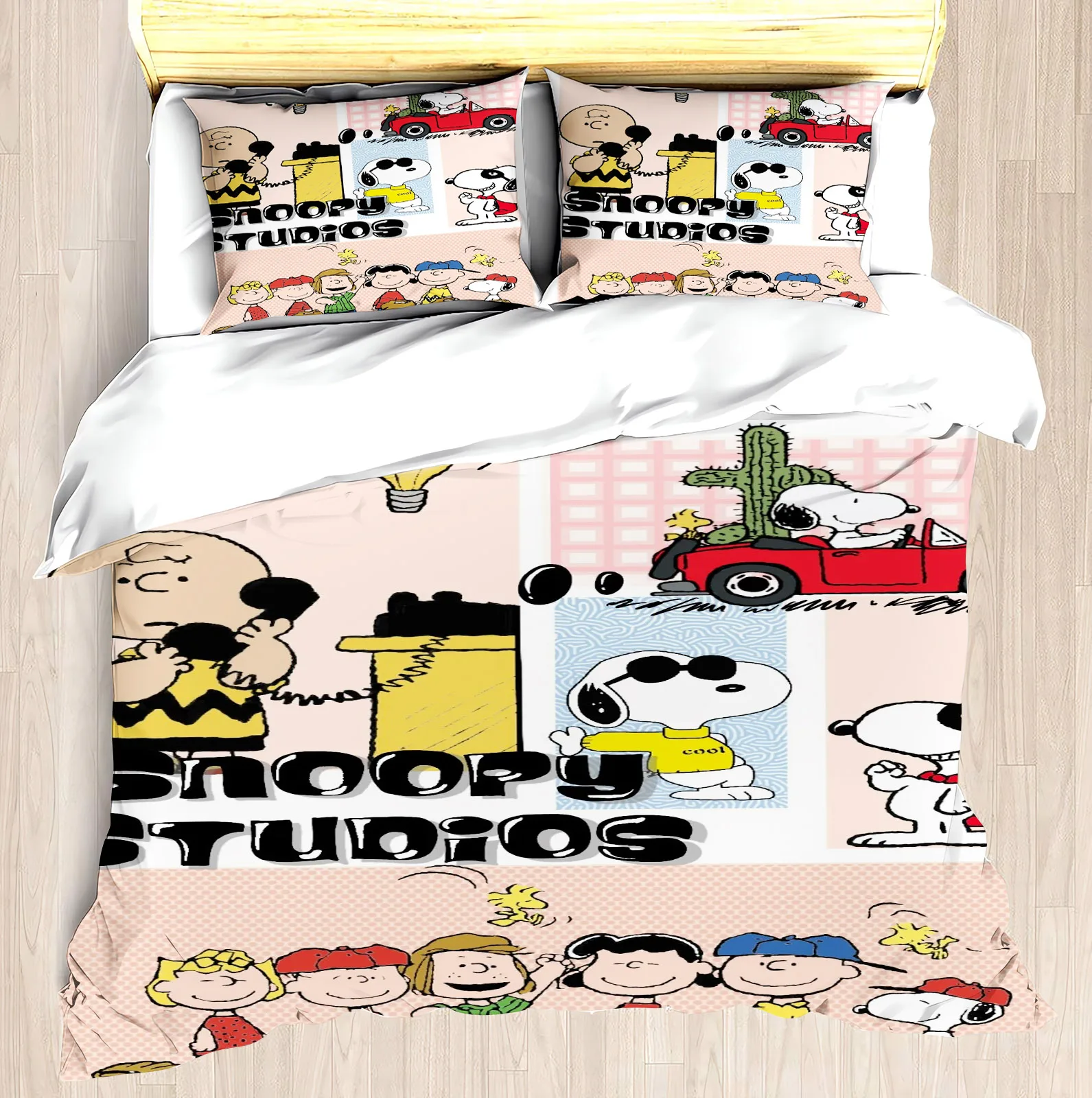 

MINISO-Modern Print Duvet Cover Set, Snoopy's Neighbourhood Mattress Bedding Set, 3 Pieces