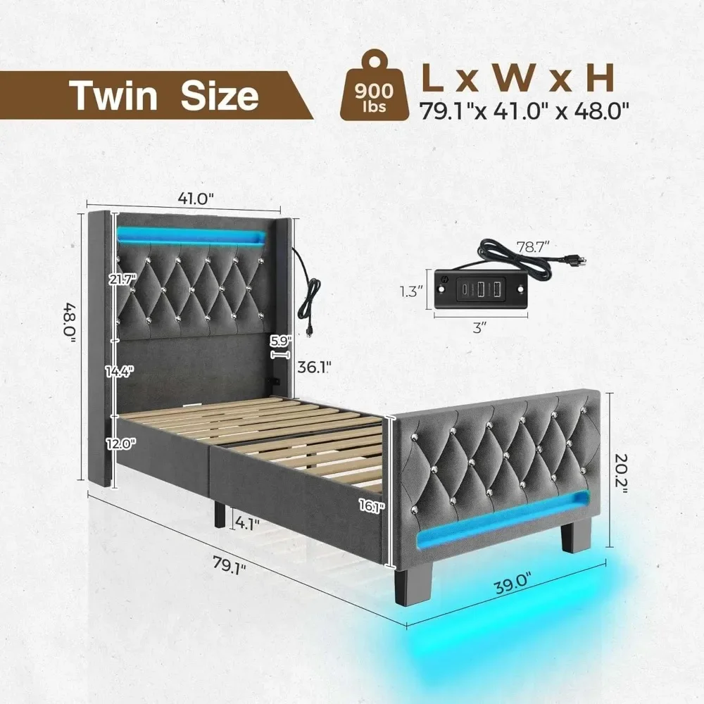 Twin Bed Frame with LED Light and Charging Station, Upholstered High Headboard and Footboard, Wood Slats, Noise Free 2