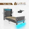 Twin Bed Frame with LED Light and Charging Station, Upholstered High Headboard and Footboard, Wood Slats, Noise Free 2