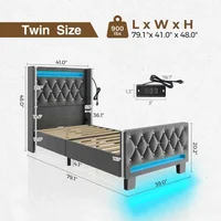 Twin Bed Frame with LED Light and Charging Station, Upholstered High Headboard and Footboard, Wood Slats, Noise Free 2