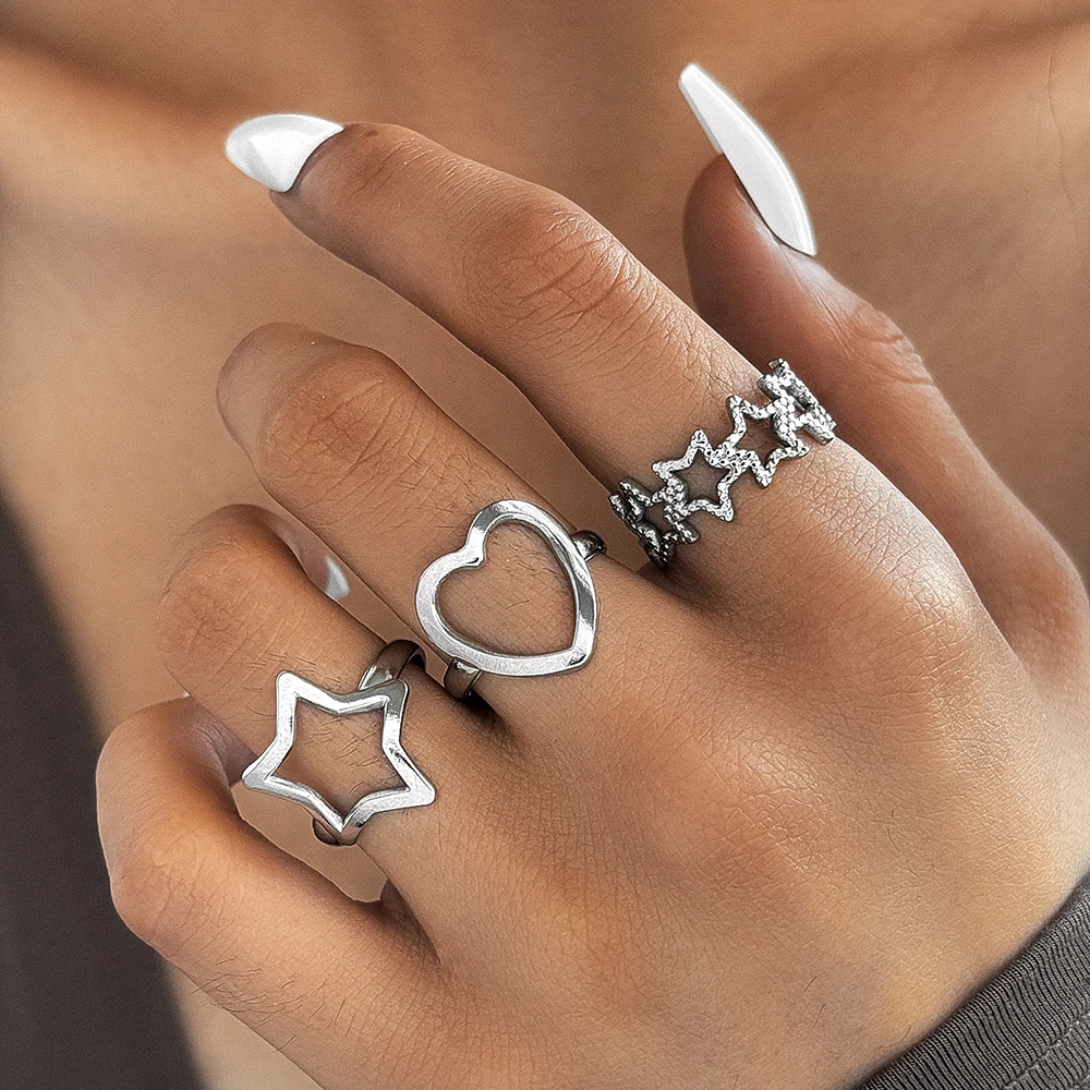 Stainless Steel Rings Love Heart Shiny Star Delicate Pattern Rings For Women Jewelry for Friends Party Gift Adjustable Opening 2