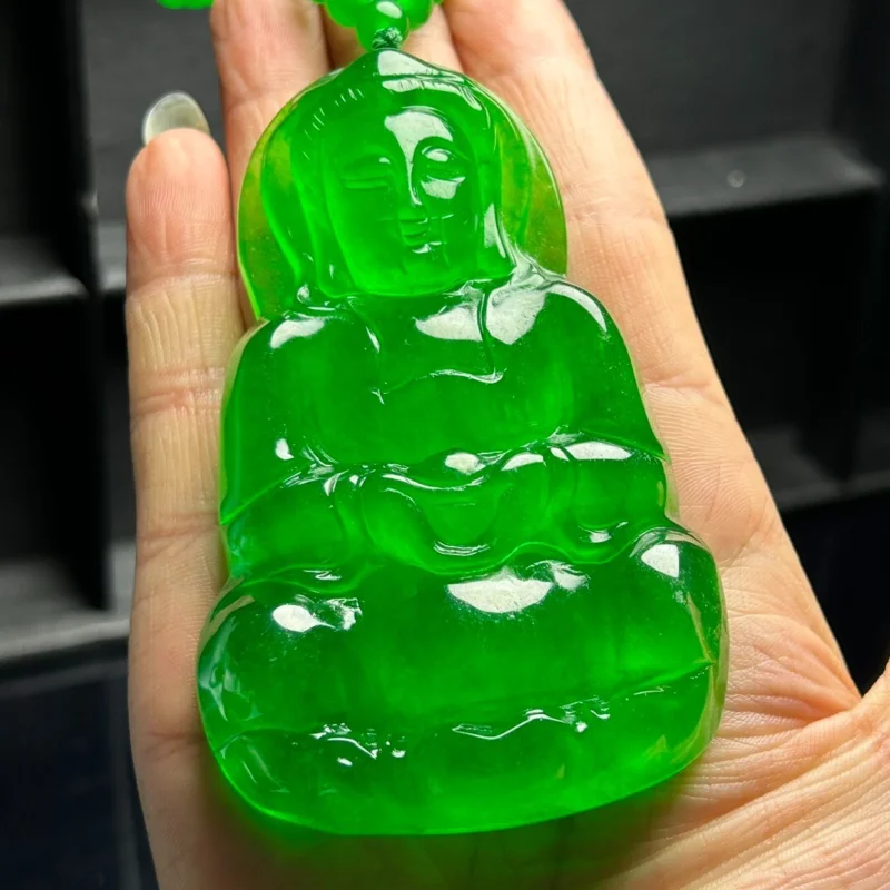 

Certified Nature AA Ice Green jade Jadeite Carved Big Guanyin Pendant&Necklace