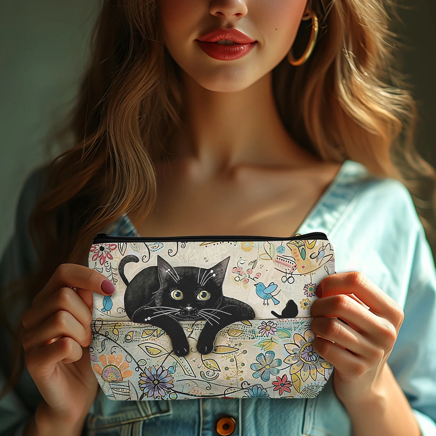1pc Retro Cat Pattern Makeup Pouch Ultra-Lightweight Zipper ClosureTravel  Adorable Cat Print Design Cosmetic Bag 4