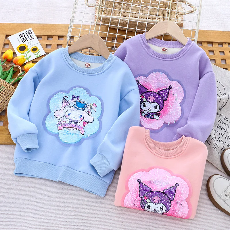 

2023 Sanrio Cinnamoroll Sweatshirt Kids Kawaii Anime Kuromi Babys Clothes Winter Cartoon Warm Plush T-Shirt Tops Gift for Girls
