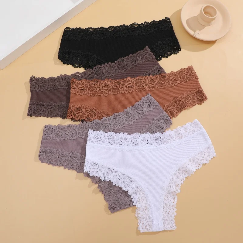 3 Teile/satz Frauen Baumwolle Höschen Floral Spitze Brasilianische Höschen Sexy Low Taille Dessous Weibliche Weiche Unterwäsche Solide T-Zurück Bikini – Detail 10