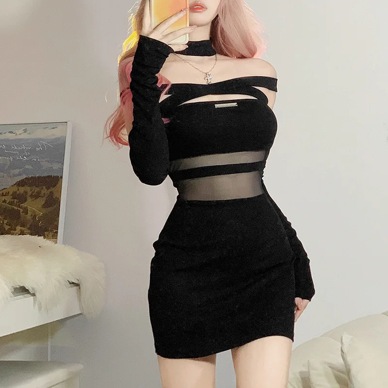 

Korean Hotsweet Girl Streetwear Dress Harajuku Sexy Woman Mesh Patchwork Cross Strap Mini Dress High Street Black Buttocks Dress