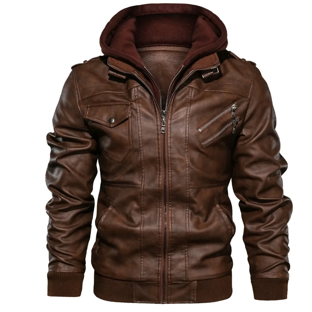 

Mens Leather Clothing Retro Motorcycle PU Leather Jacket Detachable Hooded Coat in Autumn and Winter