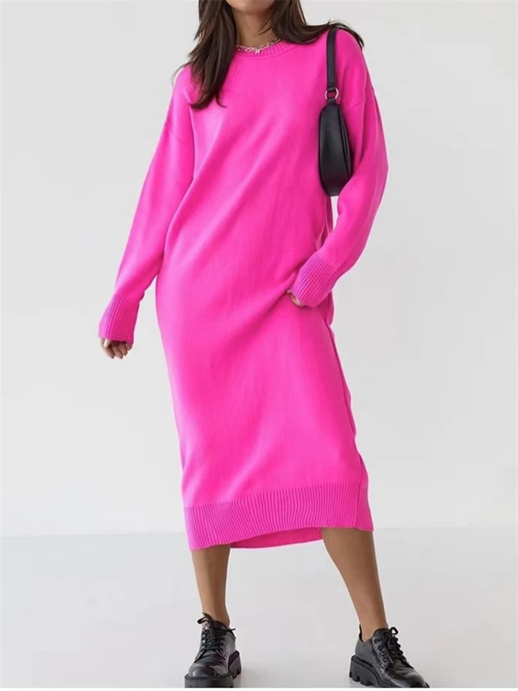 오버사이즈 니트 여성용 롱 드레스, 솔리드 O넥 긴팔, 캐주얼 루즈 스웨터 드레스, 가을 겨울, 2023 신상 