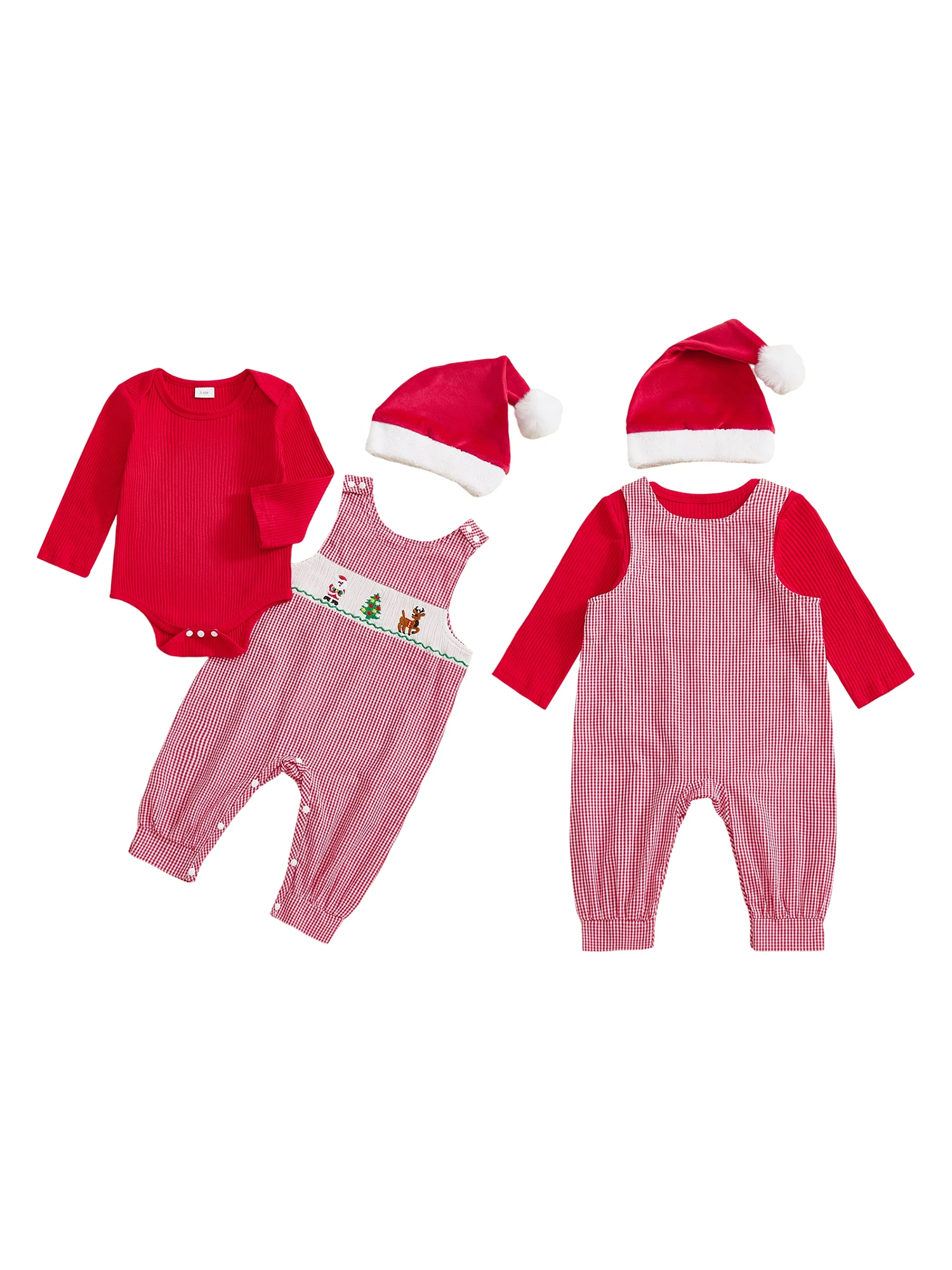 Christmas Baby Outfit Adorable Long Sleeve Romper with Festive Embroidered Overall Pants and Matching Hat Set for the Holidays