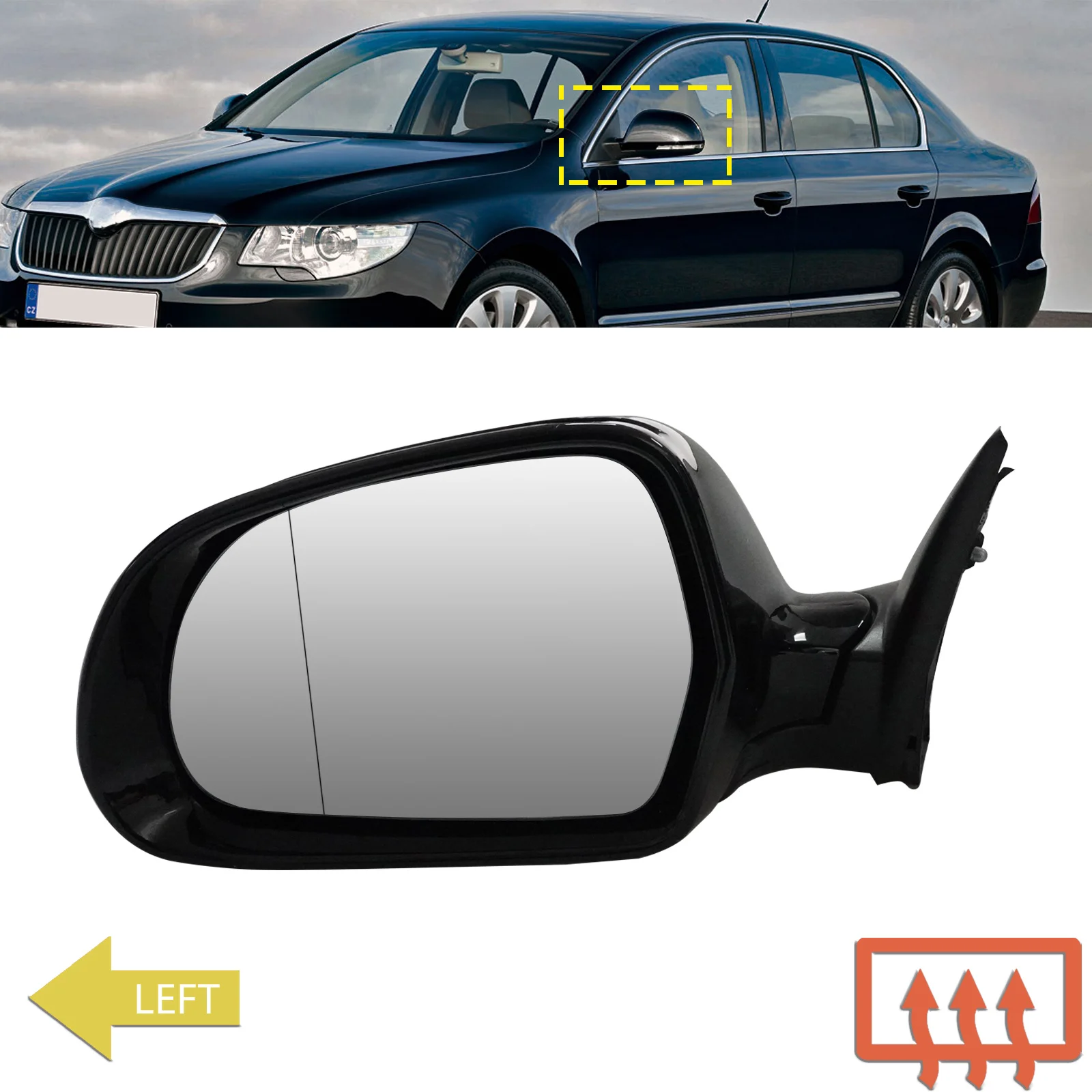 Skoda Octavia II 왼쪽 윙 미러 표시기 가열 검정색 N/S 2009-2013