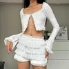 FZCSPEED Women's Sexy Mini Skirt Two-piece Set Strappy Cardigan Top Ruffle Layered Mini Skirt White 2