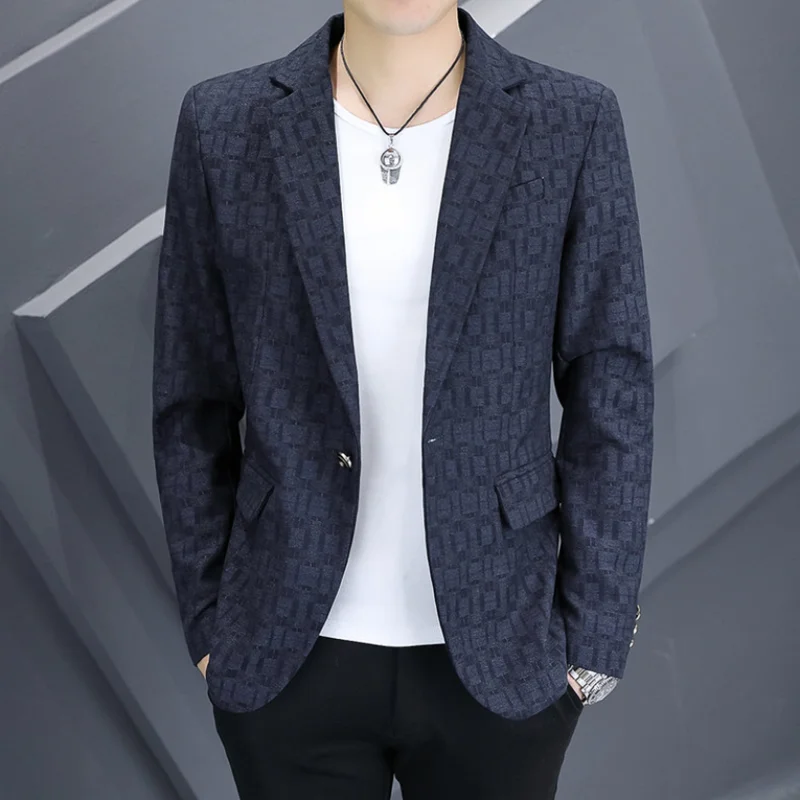 Men's Slim Fit Plaid Suit Single Breasted Formal Coat Fashion Spring Autumn New Handsome Young Small Size
