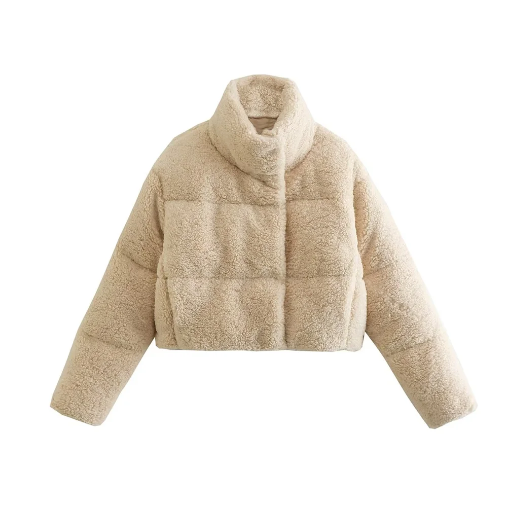 PB&ZA 2023 Autumn and Winter New Women's Lamb Wool Short Cotton Coat Standing Collar Thickened Warm Bread Coat Cotton Coat 5