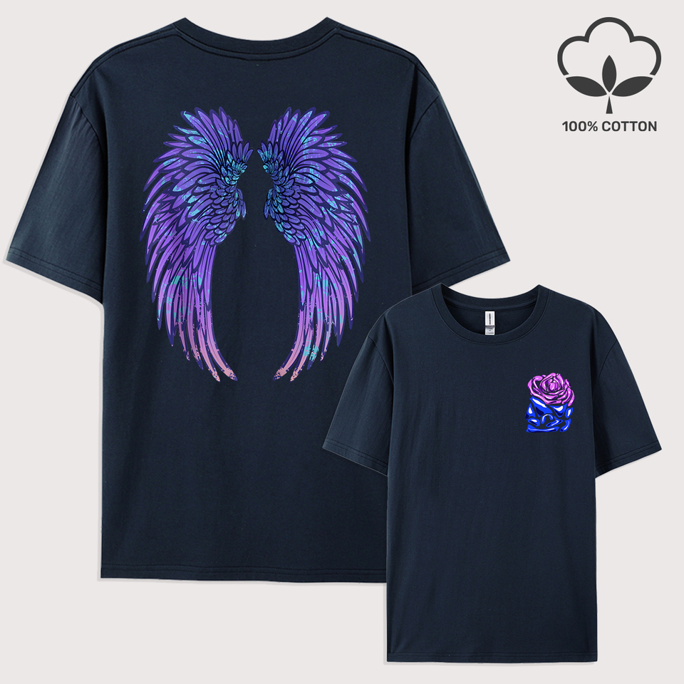 Cool Purple Big Wings Rose Printed Y2K Men T-Shirts Cotton All-Match T Shirt Trendy Street Short Sleeve O-Neck Soft Clothes
