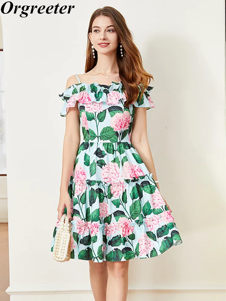 Summer-New-Fashion-Hydrangea-Print-Knee-length-Green-Dress-for-Women ...