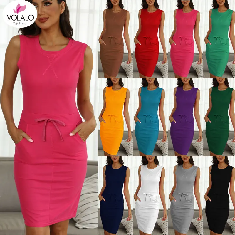 

VOLALO Women Causal Sleeveless Pockets Pencil Dress 2024 Summer Solid Drawstring Waist Beach Party Sundress